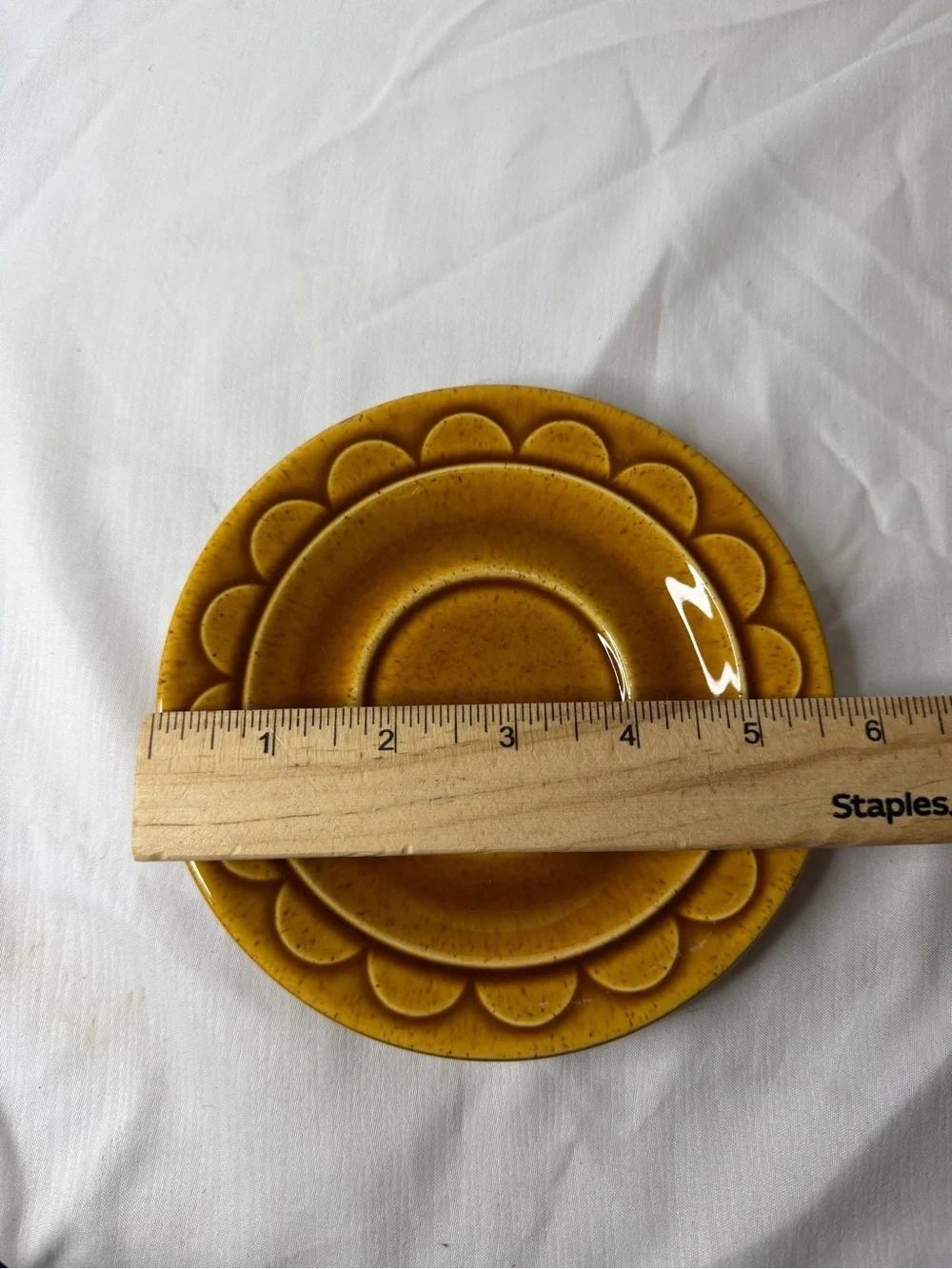 Vintage Set of 4 Mustard Yellow Speckled Stoneware Saucers – 6